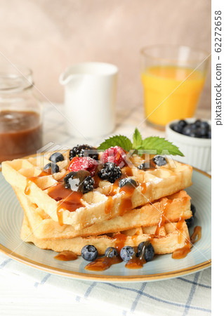 Composition of breakfast with belgian waffles, 62272658