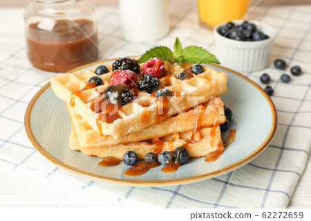 Composition of breakfast with belgian waffles, Composition of breakfast with belgian waffles, 62272659