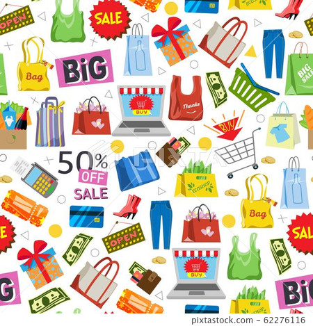 Online shopping and sale items gifts, shopping bags, credit cards and discount coupons, cash money and laptop seamless pattern vector illustration. Online shopping and sale items gifts, shopping bags, credit cards and discount coupons, cash money and laptop seamless pattern vector illustration. 62276116