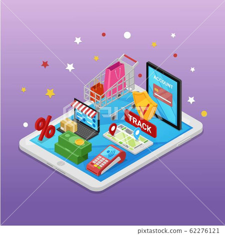 Mobile shopping e-commerce online supermarket store 3d isometric concept vector illustration. Electronic business, sales, tracking and payment with delivery inside big tablet. 62276121