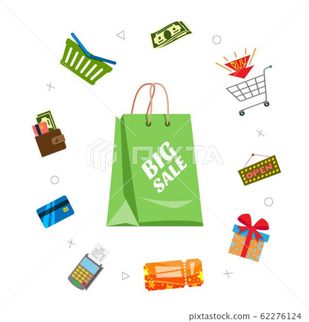 Online shopping and sale items around sale bag gifts, cart, credit cards and discount coupons, cash money in circle vector illustration. Online shopping and sale items around sale bag gifts, cart, credit cards and discount coupons, cash money in circle vector illustration. 62276124