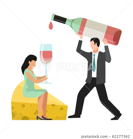 People wine tasting concept. Huge bottle, wineglass, cheese and tiny characters vector illustration. Man pours wines into a giant glass for woman sitting on big cheese piece People wine tasting concept. Huge bottle, wineglass, cheese and tiny characters vector illustration. Man pours wines into a giant glass for woman sitting on big cheese piece 62277362