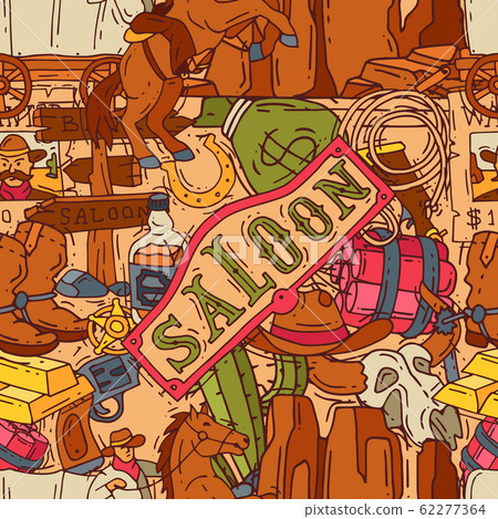 Wild west elements seamless pattern. Colorful cowboy, western, hat, boots and horseshoe wallpaper Wild west elements seamless pattern. Colorful cowboy, western, hat, boots and horseshoe wallpaper 62277364