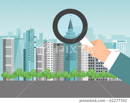 Hand with magnifier search building vector illustration. Man holding magnifying glass choosing house. Real estate concept. Hand with magnifier search building vector illustration. Man holding magnifying glass choosing house. Real estate concept. 62277392