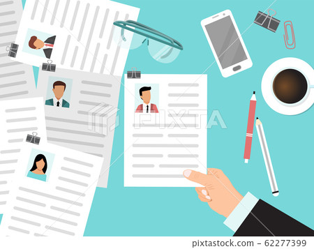 Recruitment with cv view from the top concept. HR manager looks through resumes of employees. Business man looking for company employee by curriculum vitae 62277399