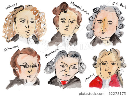 Composers (Handel, Mendelssohn, Bach, Schubert, Beethoven, Mozart) Watercolor 62278175