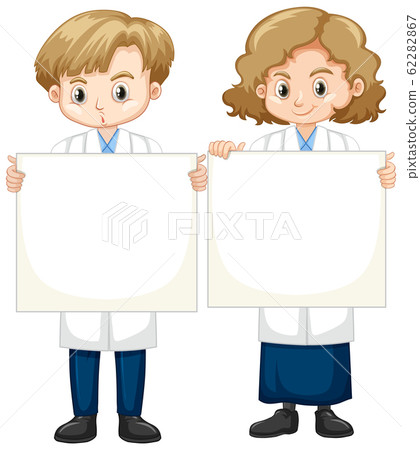 Boy and girl in science gown standing on white 62282867