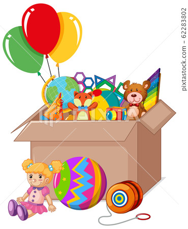 Cardboard box full of toys on white background Cardboard box full of toys on white background 62283802