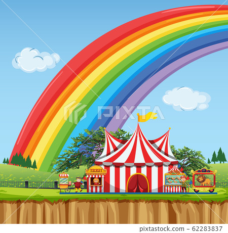 Circus scene with rainbow in the sky 62283837