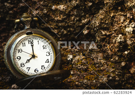 Vintage old pocket watch placed on the rock in forest and morning sunlight. At 8 oclock. Closeup and copy space. 62283924