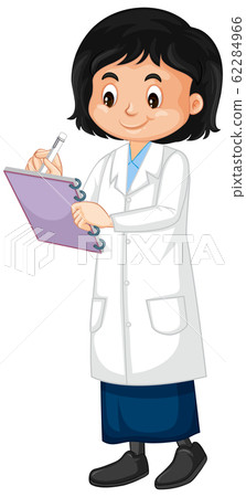 Girl in science gown writing note on white 62284966