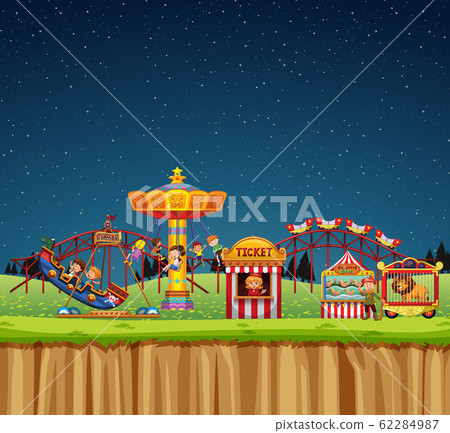 Circus scene with people on the rides at night Circus scene with people on the rides at night 62284987