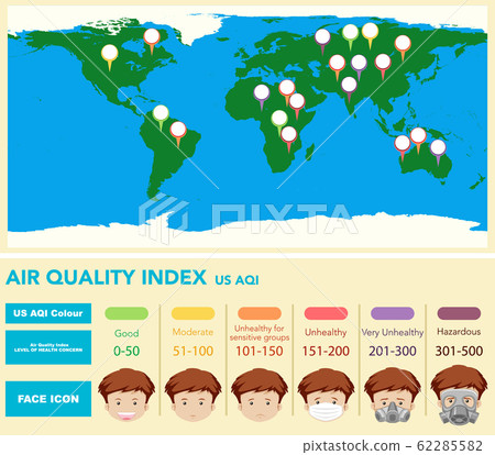 Aqi Of Current Location Diagram Showing Air Quality Index With World Map - Stock Illustration  [62285582] - Pixta