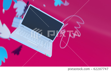 Pink background with laptop soaring in the air. 62287747