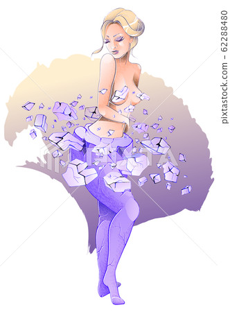 A slender girl emerges from a stone statue of a fat woman. The concept of weight loss, fitness, healthy lifestyle, liposuction surgery. Vector illustration is stylized as a watercolor. 62288480