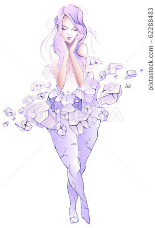A slender girl emerges from ice statue of a fat woman. The concept of weight loss, fitness, healthy lifestyle, liposuction surgery. Vector illustration is stylized as a watercolor. 62288483