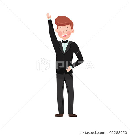 Young Smiling Man Wearing Evening Wear Waving Hand at Red Carpet Event Vector Illustration 62288950