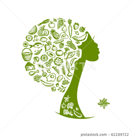 Healthy food concept, female head with vegetables Healthy food concept, female head with vegetables 62289722