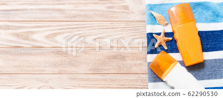 Top view of Beach flat lay banner accessories. Top view of Beach flat lay banner accessories. 62290530