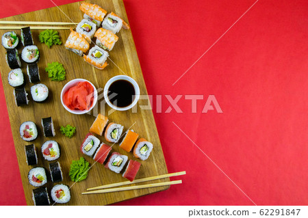 Top view of wooden platter with great set of Top view of wooden platter with great set of 62291847