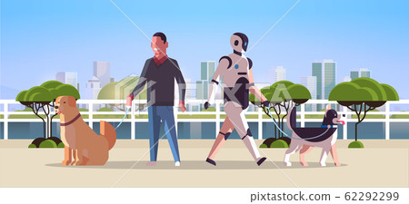 robotic character and man walking with dogs robot vs human standing together with pets public park artificial intelligence technology concept cityscape background full length horizontal 62292299