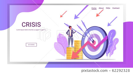 stressed businesswoman trying to hit the bullseye on coins stack falling down arrow financial crisis failure budget collapse bankruptcy concept horizontal copy space 62292328