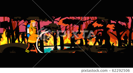 firefighter extinguishing dangerous wildfire in australia fireman spraying water from hose fighting bushfire firefighting natural disaster concept intense orange flames horizontal firefighter extinguishing dangerous wildfire in australia fireman spraying water from hose fighting bushfire firefighting natural disaster concept intense orange flames horizontal 62292506
