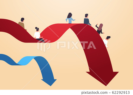 businesspeople sliding down falling economic arrow financial crisis bankrupt investment risk business failure concept full length horizontal 62292913
