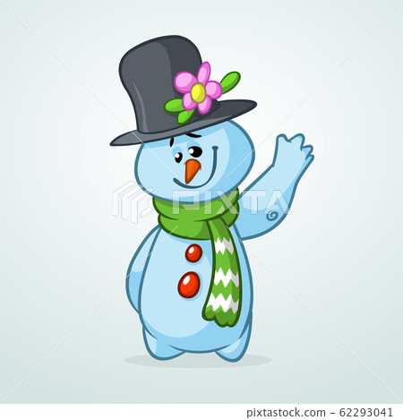 Funny cartoon snowman waving. Christmas snowman character illustration isolated Funny cartoon snowman waving. Christmas snowman character illustration isolated 62293041