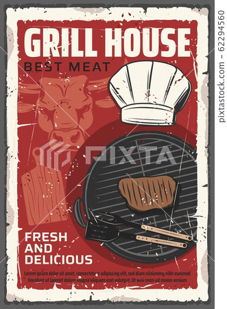 Grilled beef steak, barbecue fork, bbq spatula 62294560