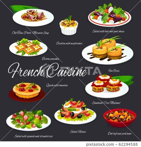 French food salads, foie gras, fish, meat dishes 62294588