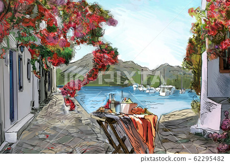 Drawing to the greek town - illustration Drawing to the greek town - illustration 62295482