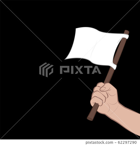 Waving white flag. Symbol or signal for capitulation, surrender, offering peace cor onceding victory. Comic vector illustration on black background. Waving white flag. Symbol or signal for capitulation, surrender, offering peace cor onceding victory. Comic vector illustration on black background. 62297290