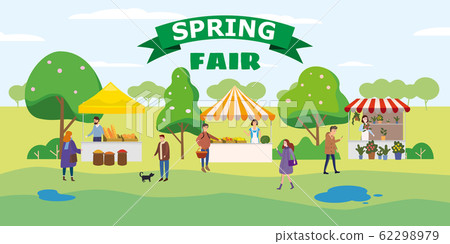 Spring Fair festival. Food street fair, market family festival. People walking eating street food, shopping, have fun together. Tents, awnings, canopy. Vector illlustration isolated 62298979