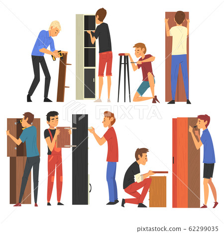 Men Assembling and Installing New Wooden Furniture Set, Manual Furniture Assembly Vector Illustration Men Assembling and Installing New Wooden Furniture Set, Manual Furniture Assembly Vector Illustration 62299035