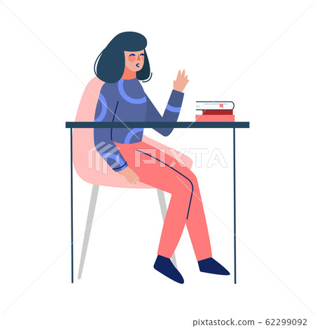 Young Woman Sitting at the Table and Reading... - Stock Illustration ...