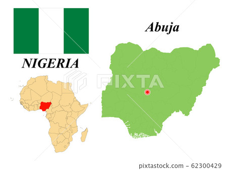 Federal Republic of Nigeria. Capital of Abuja. Flag of Nigeria. Map of the continent of Africa with country borders. Vector graphics. 62300429