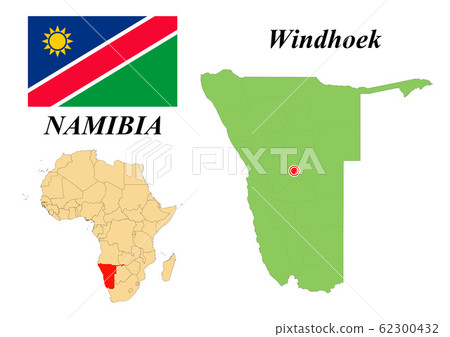 Republic of Namibia. Capital of Windhoek. Flag of Namibia. Map of the continent of Africa with country borders. Vector graphics. Republic of Namibia. Capital of Windhoek. Flag of Namibia. Map of the continent of Africa with country borders. Vector graphics. 62300432