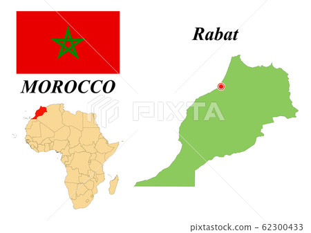 Kingdom of Morocco. The Capital Is Rabat. Flag of Morocco. Map of the continent of Africa with country borders. Vector graphics. Kingdom of Morocco. The Capital Is Rabat. Flag of Morocco. Map of the continent of Africa with country borders. Vector graphics. 62300433