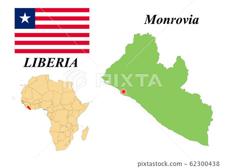 Republic of Liberia. Capital of Monrovia. Flag of Liberia. Map of the continent of Africa with country borders. Vector graphics. Republic of Liberia. Capital of Monrovia. Flag of Liberia. Map of the continent of Africa with country borders. Vector graphics. 62300438