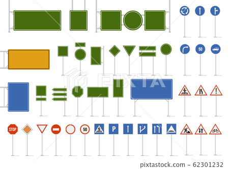 Road street sign. Direction traffic signs, danger warning and direction traffic road sign. Regulatory and guide character signs, highway signboards vector isolated icon set Road street sign. Direction traffic signs, danger warning and direction traffic road sign. Regulatory and guide character signs, highway signboards vector isolated icon set 62301232