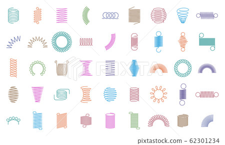Metal curved spring. Wire springs, mechanical curved steel flexible coils, engineering motor spirals silhouette. Metallic coils icons isolated vector set Metal curved spring. Wire springs, mechanical curved steel flexible coils, engineering motor spirals silhouette. Metallic coils icons isolated vector set 62301234