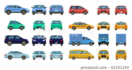 Car views. Front and profile side car view, urban traffic transport of different views. Auto transport vector isolated set Car views. Front and profile side car view, urban traffic transport of different views. Auto transport vector isolated set 62301240