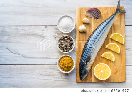 Fresh raw mackerel fish with cooking ingridients 62301677