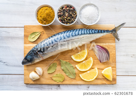 Fresh raw mackerel fish with cooking ingridients 62301678