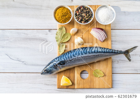 Fresh raw mackerel fish with cooking ingridients 62301679