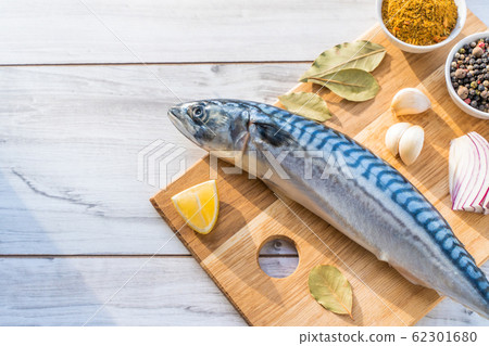 Fresh raw mackerel fish with cooking ingridients 62301680
