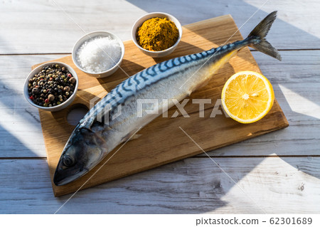 Fresh raw mackerel fish with cooking ingridients 62301689