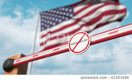 Closed boom barrier with stop immigration sign against the American flag. Border closure or immigration ban in the USA. 3D rendering Closed boom barrier with stop immigration sign against the American flag. Border closure or immigration ban in the USA. 3D rendering 62301698