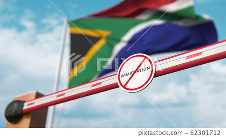 Barrier gate with no immigration sign being closed with flag of South Africa as a background. South African restricted border crossing or immigration ban. 3D rendering 62301712